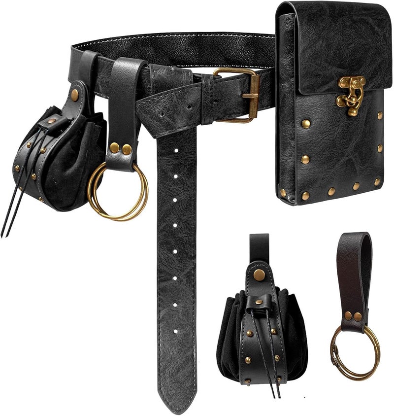 SUMGOGO Belt Pouch Waist Bag Fanny Pack Steampunk Phone Holder Casual Medieval Renaissance Cosplay Costume Accessories (2Pouch-Black) - Image 1